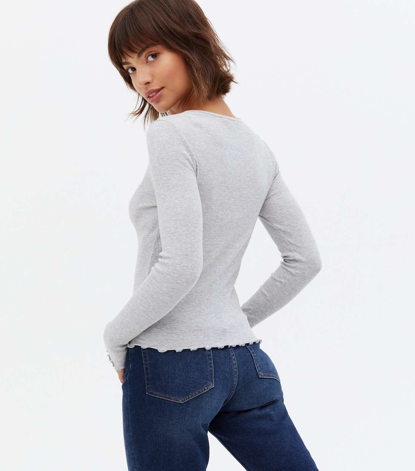 Pale Grey Ribbed Frill Long Sleeve Top Image 4