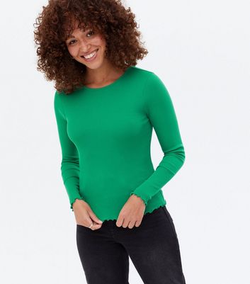 Green Ribbed Frill Long Sleeve Top | New Look