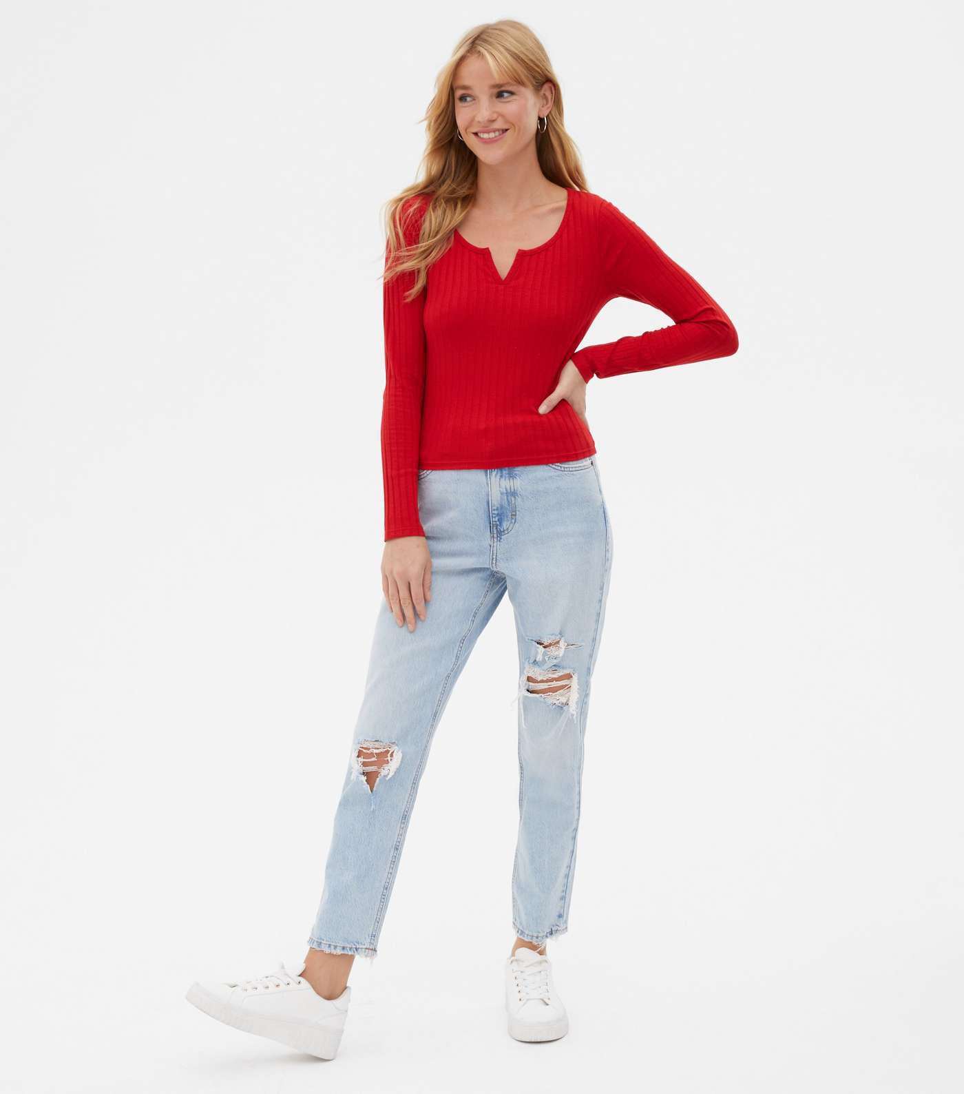 Red Ribbed Long Sleeve Notch Neck Top