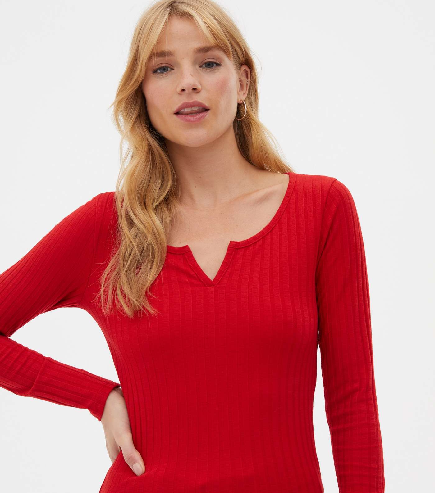 Red Ribbed Long Sleeve Notch Neck Top Image 3