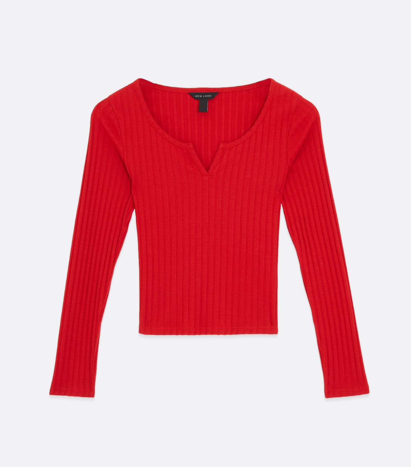 Red Ribbed Long Sleeve Notch Neck Top Image 5