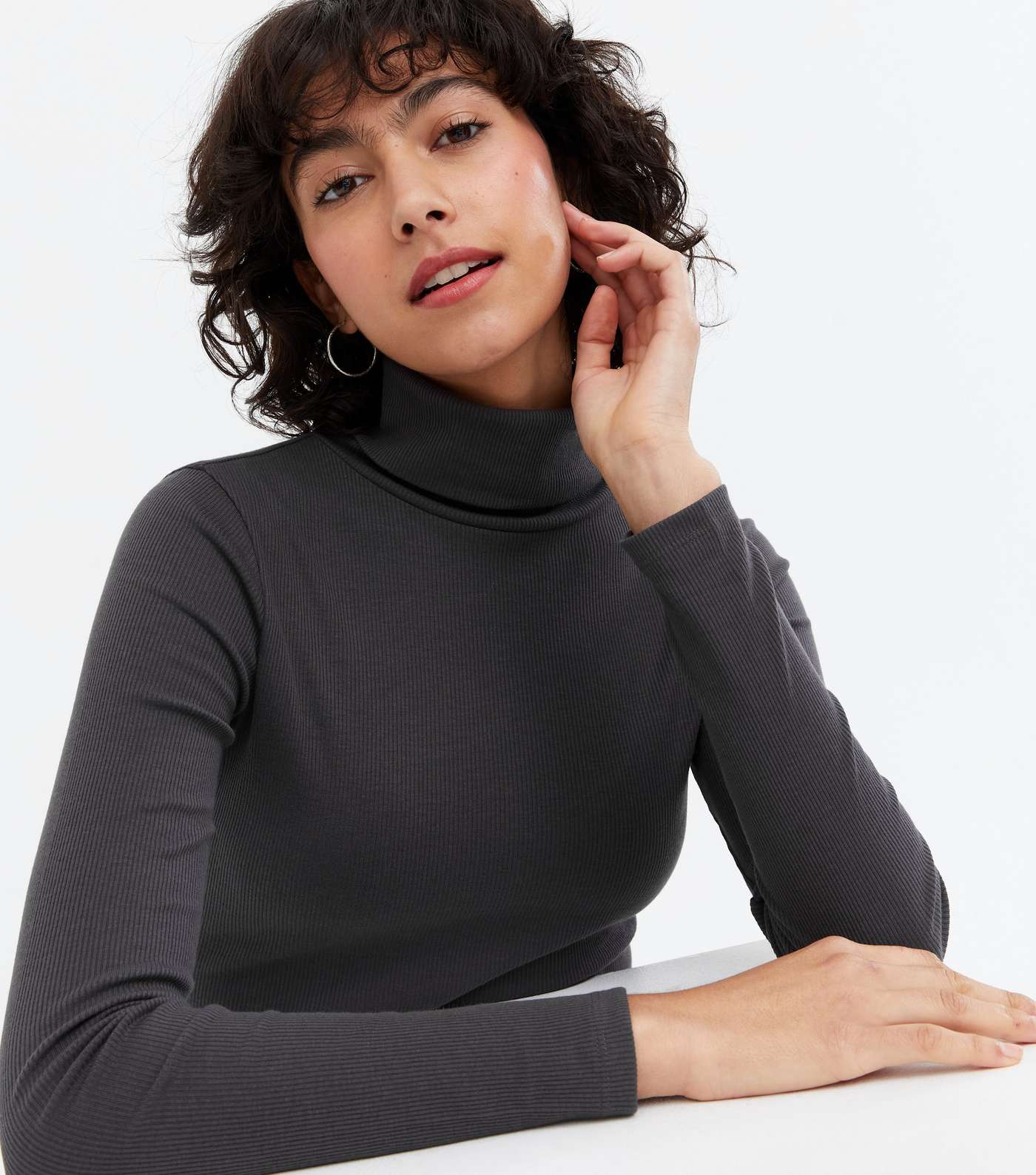 Grey Ribbed Long Sleeve Roll Neck Top