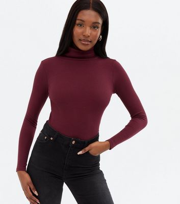 Burgundy Ribbed Long Sleeve Roll Neck 