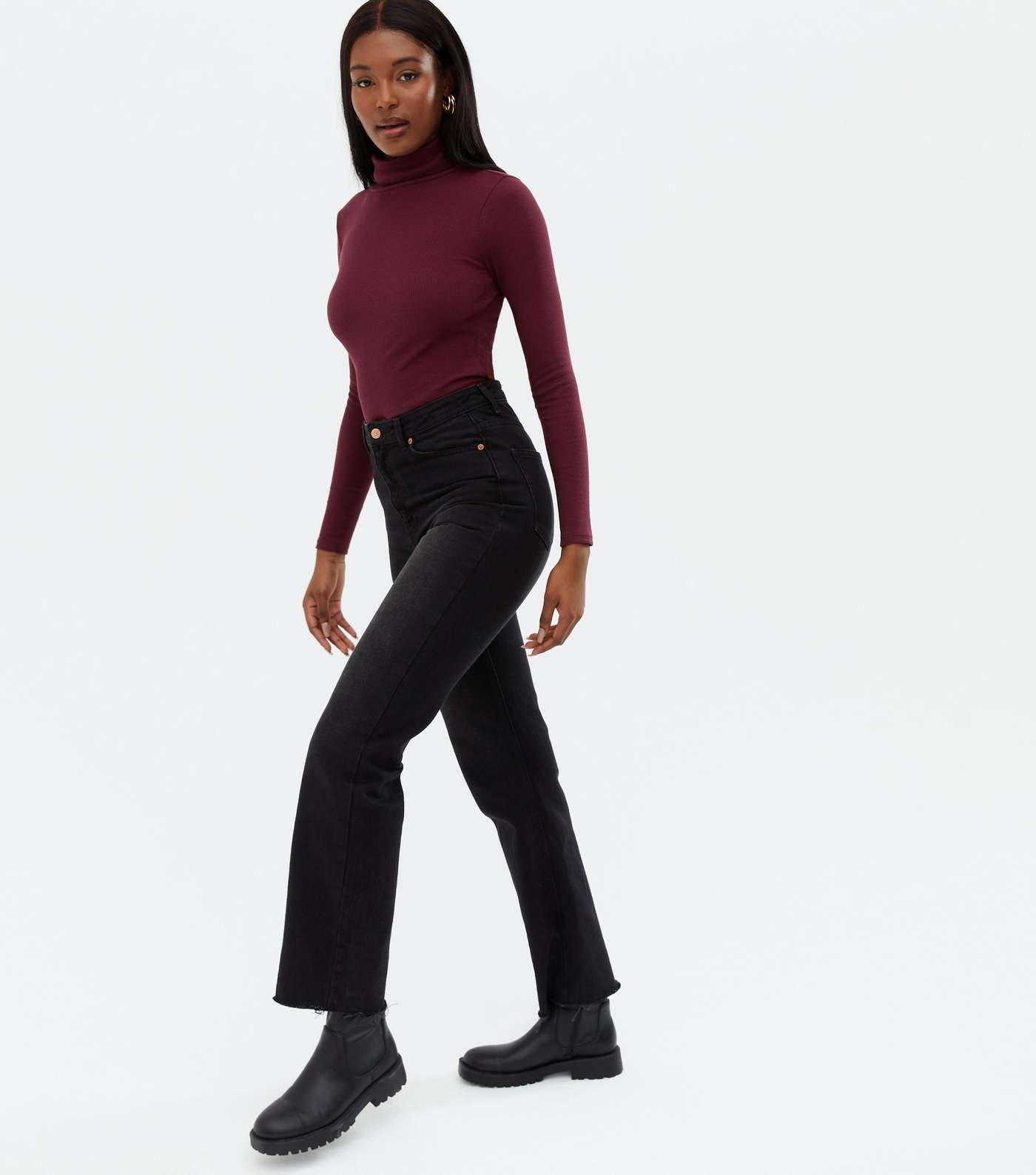 Burgundy Ribbed Long Sleeve Roll Neck Top Image 2