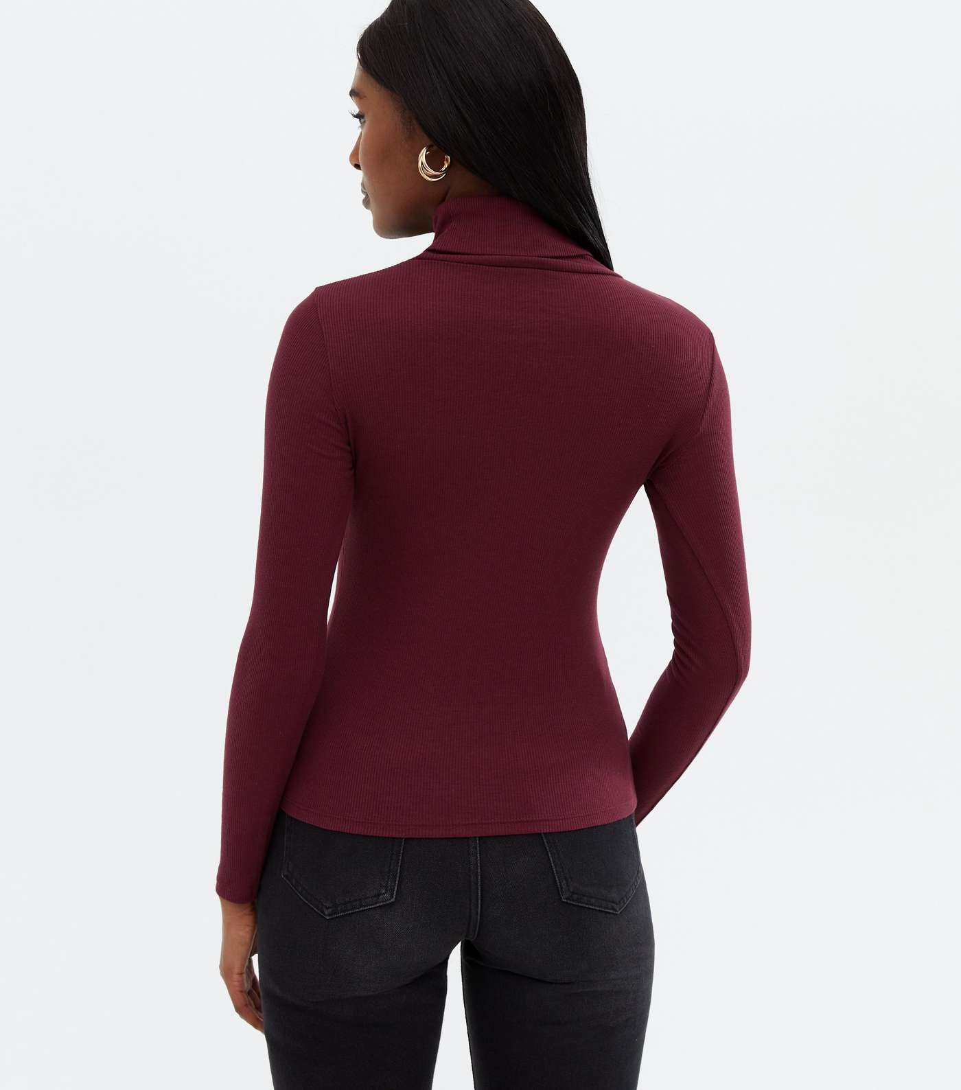 Burgundy Ribbed Long Sleeve Roll Neck Top Image 4