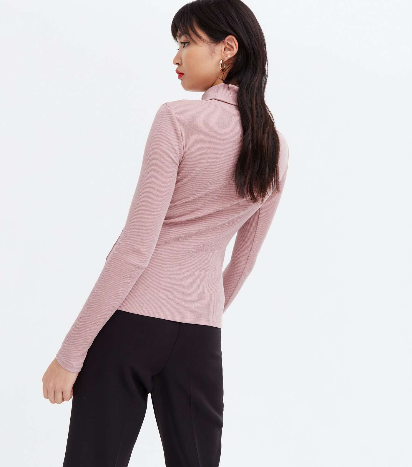 Pale Pink Ribbed Long Sleeve Roll Neck Top Image 4