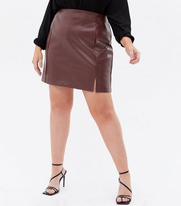 Curves Burgundy Leather Look Mini Skirt New Look