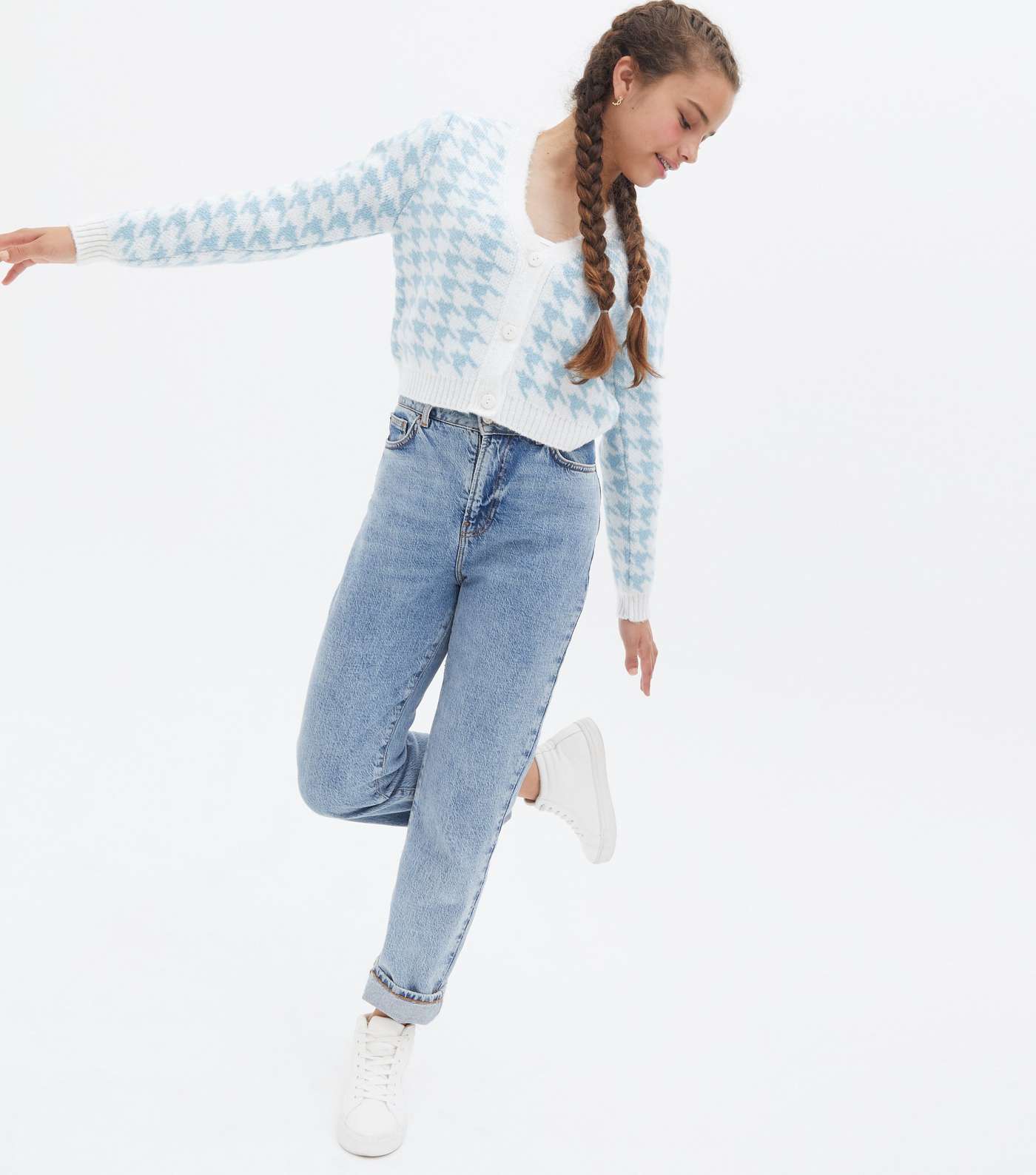 Girls Pale Blue Dogtooth Button Cardigan Image 2