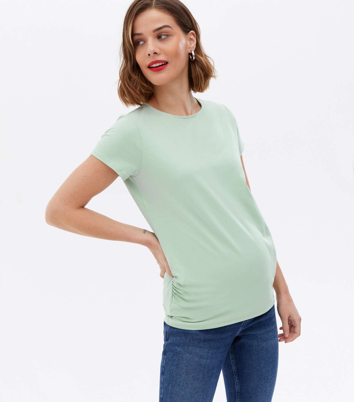 Maternity Green Ruched Crew T-Shirt