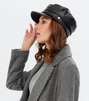 Black Leather Look Baker Boy Hat New Look