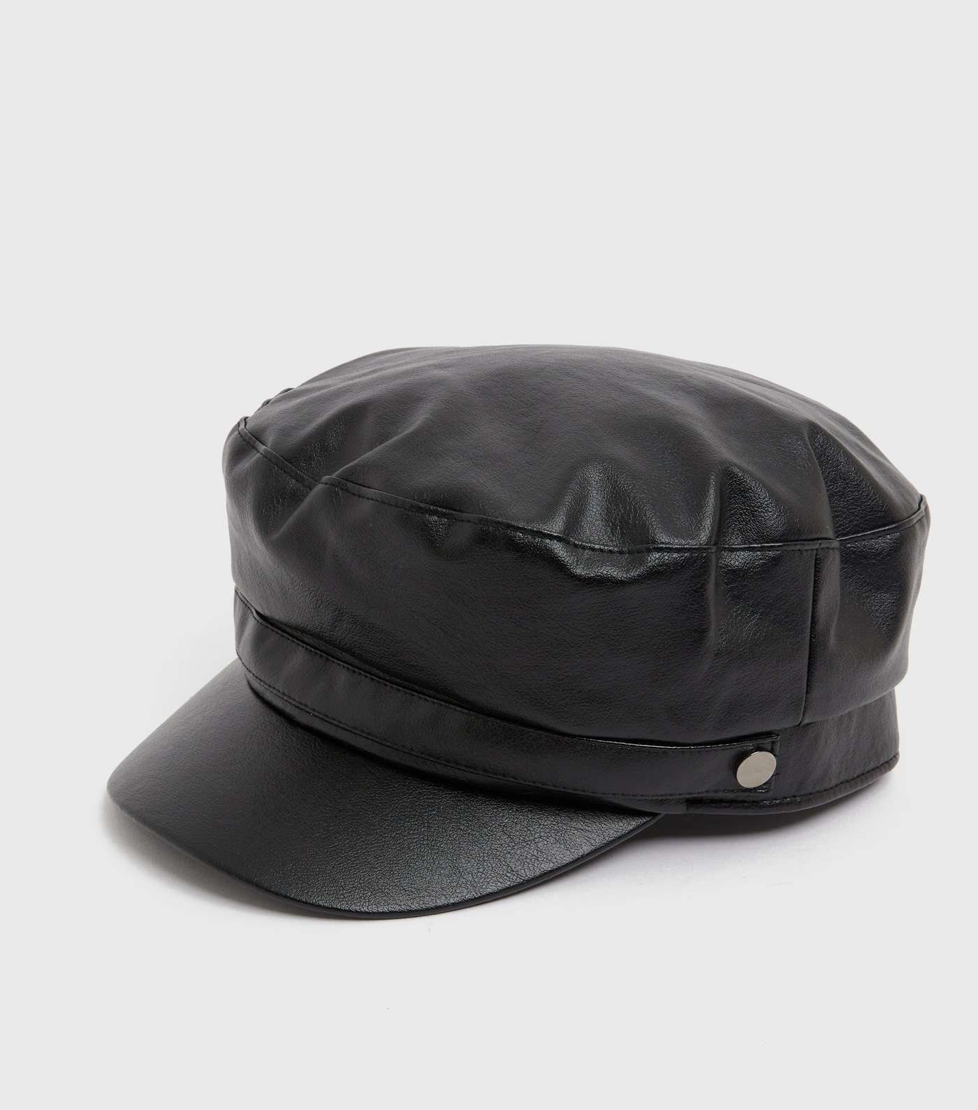 Black Leather-Look Baker Boy Hat Image 2