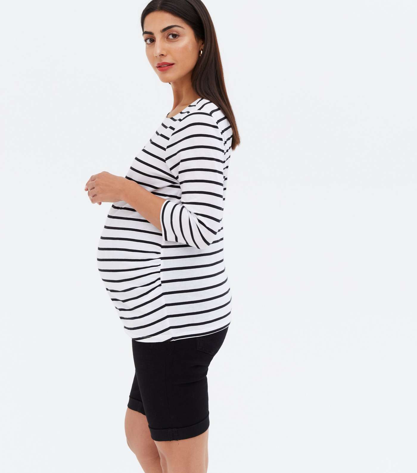 Maternity White Stripe Ruched Crew Neck Top Image 4