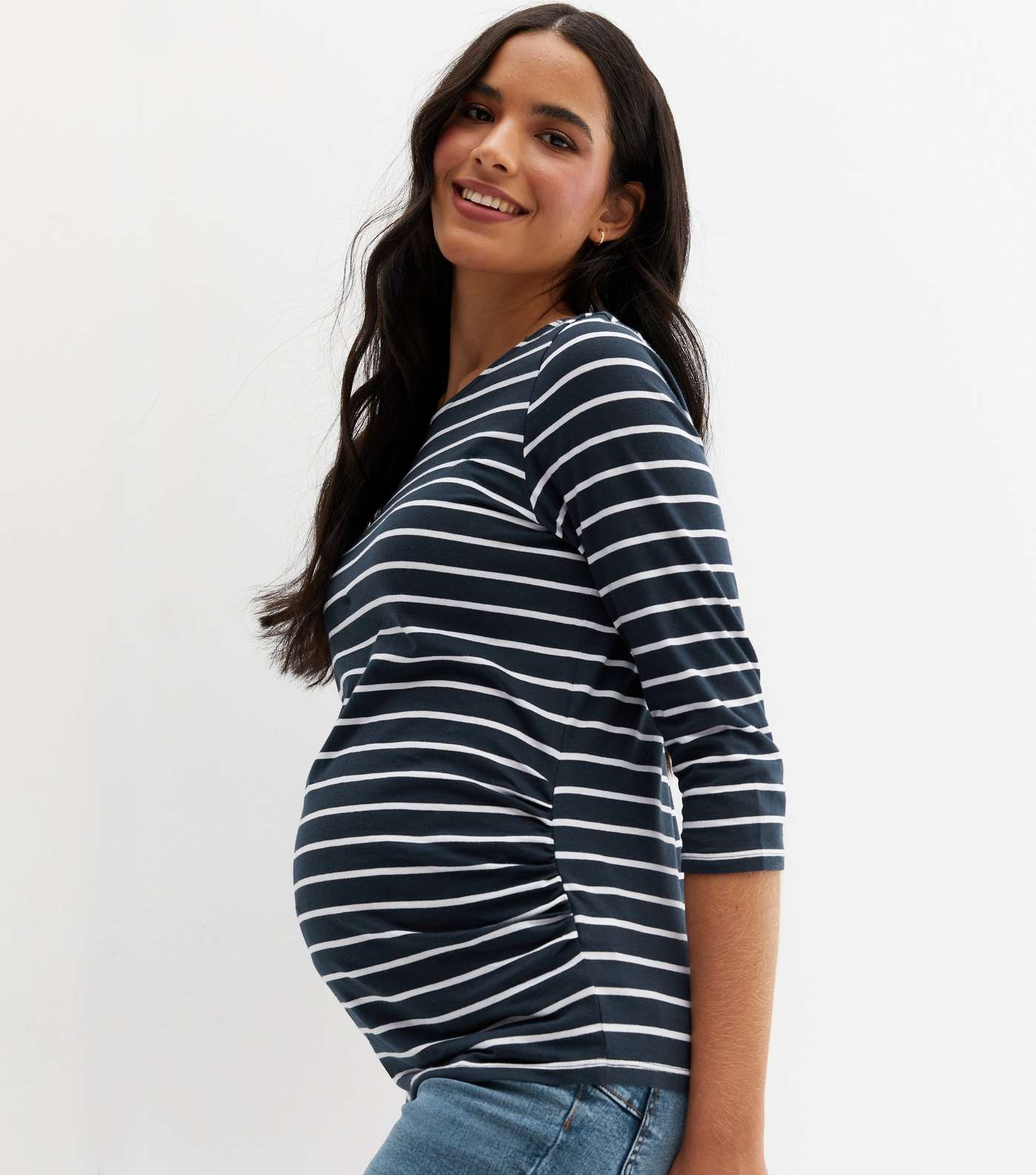 Maternity Blue Stripe Ruched Crew Neck Top Image 2