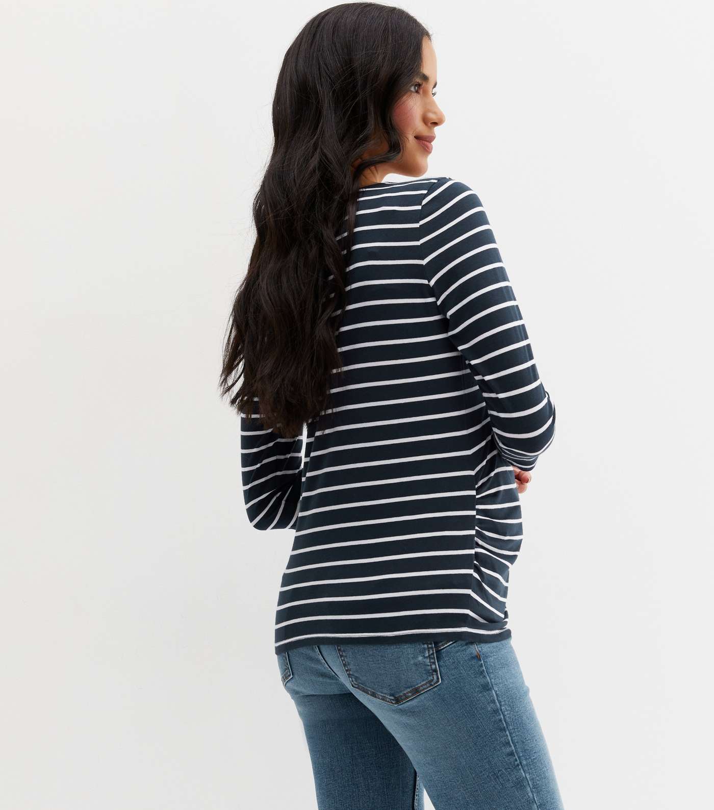 Maternity Blue Stripe Ruched Crew Neck Top Image 4