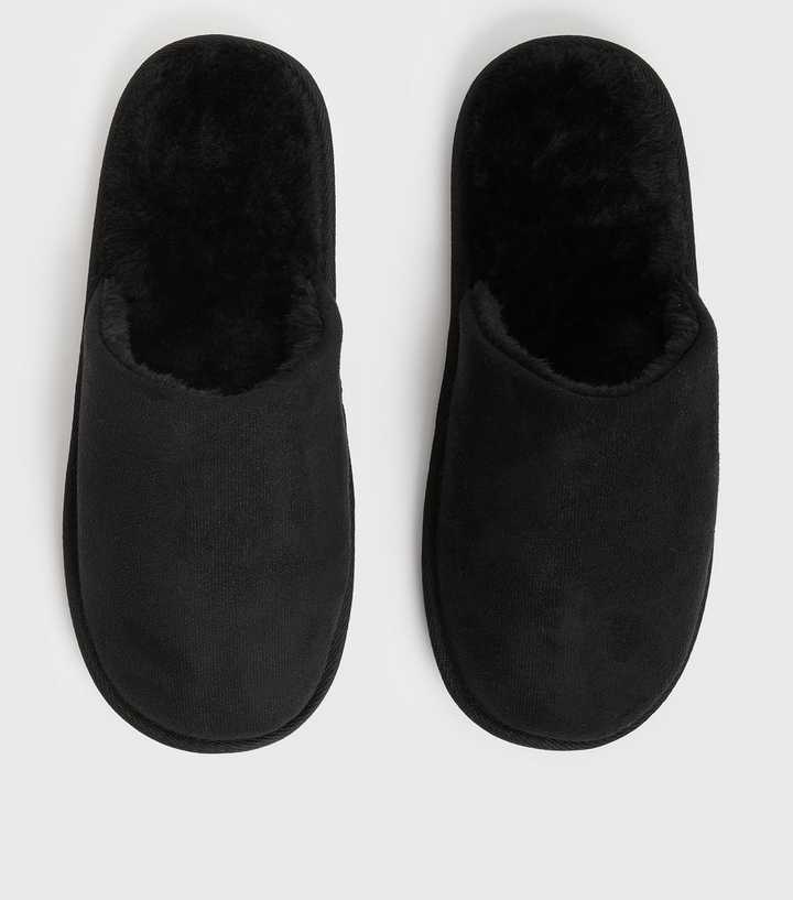 Black Suedette Teddy Lined Mule Slippers