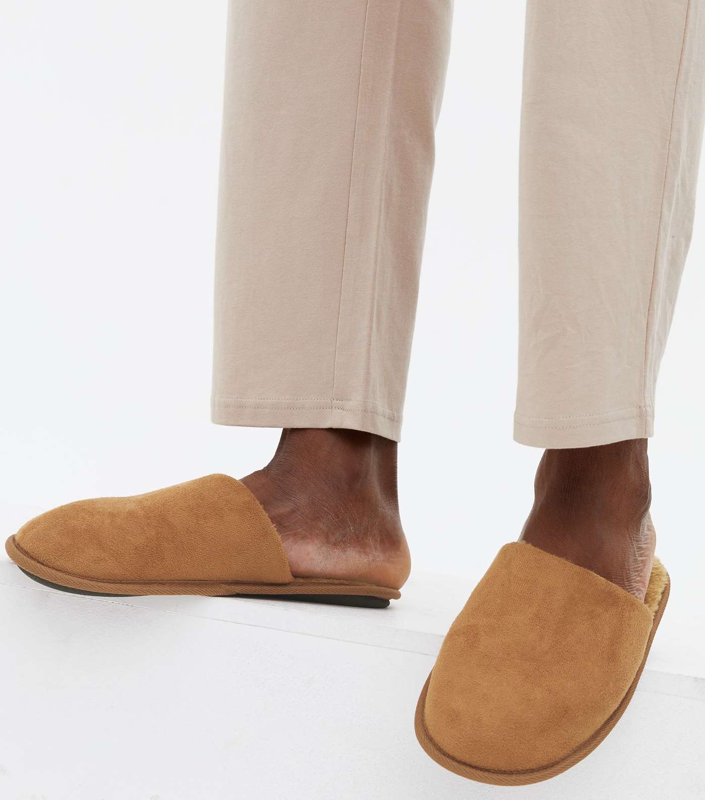 Tan Suedette Teddy Lined Mule Slippers Image 2