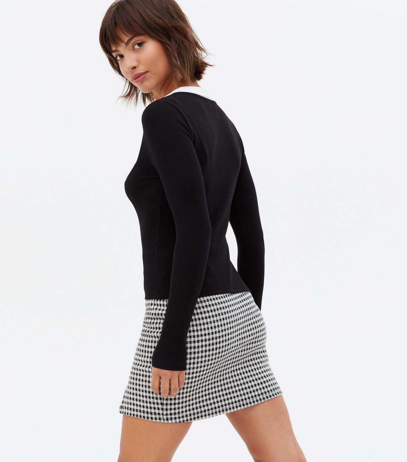 Black Ribbed Contrast Collar Long Sleeve Top Image 4