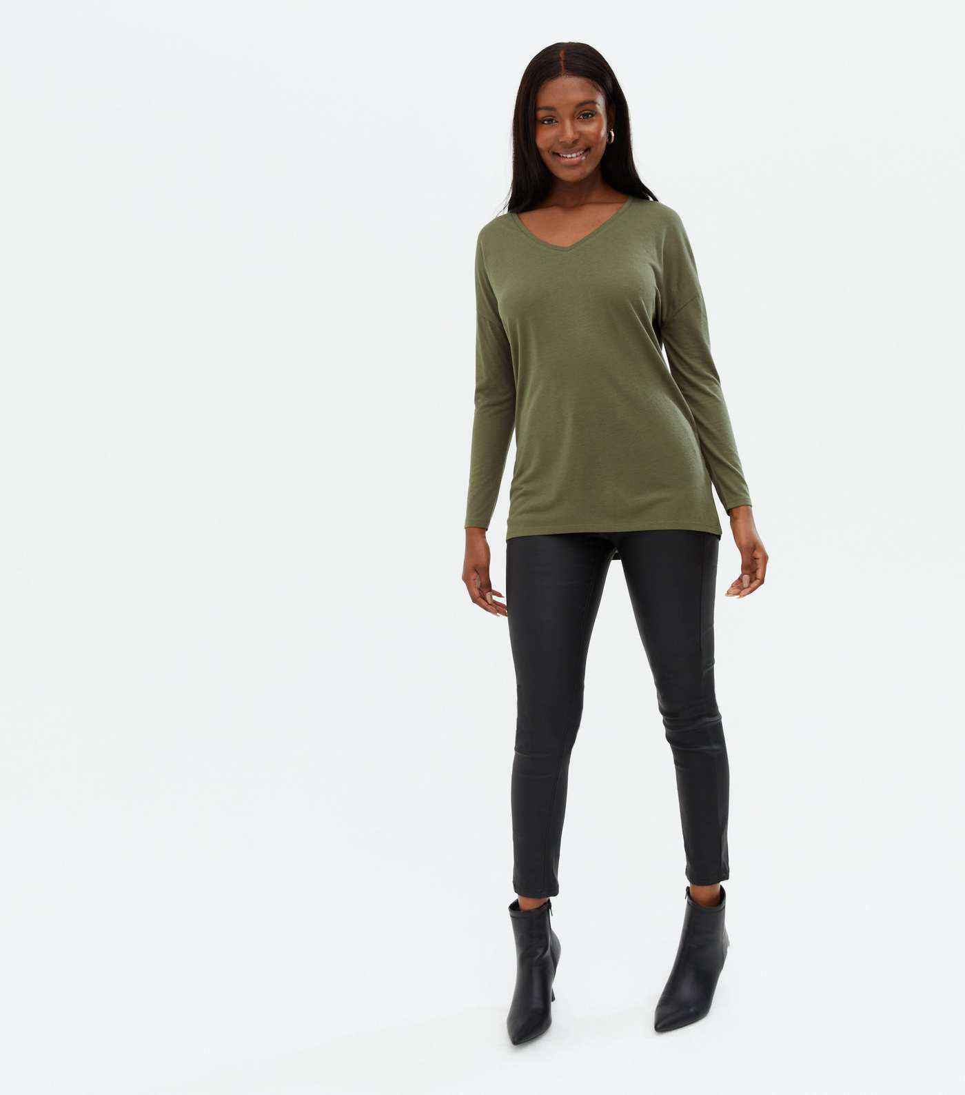 Khaki V Neck Relaxed Fit Long Top Image 2