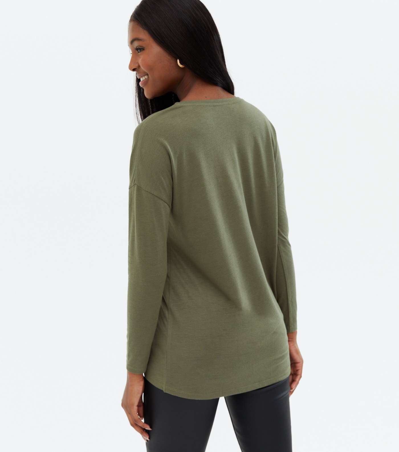 Khaki V Neck Relaxed Fit Long Top Image 4