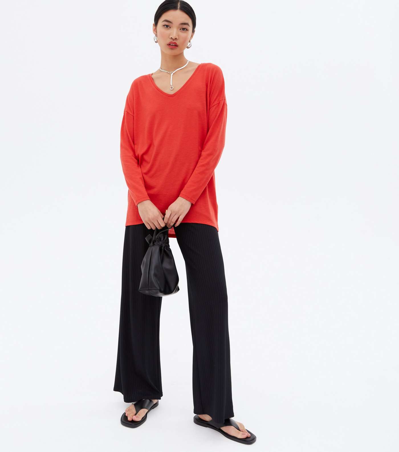 Red V Neck Relaxed Fit Long Top Image 2
