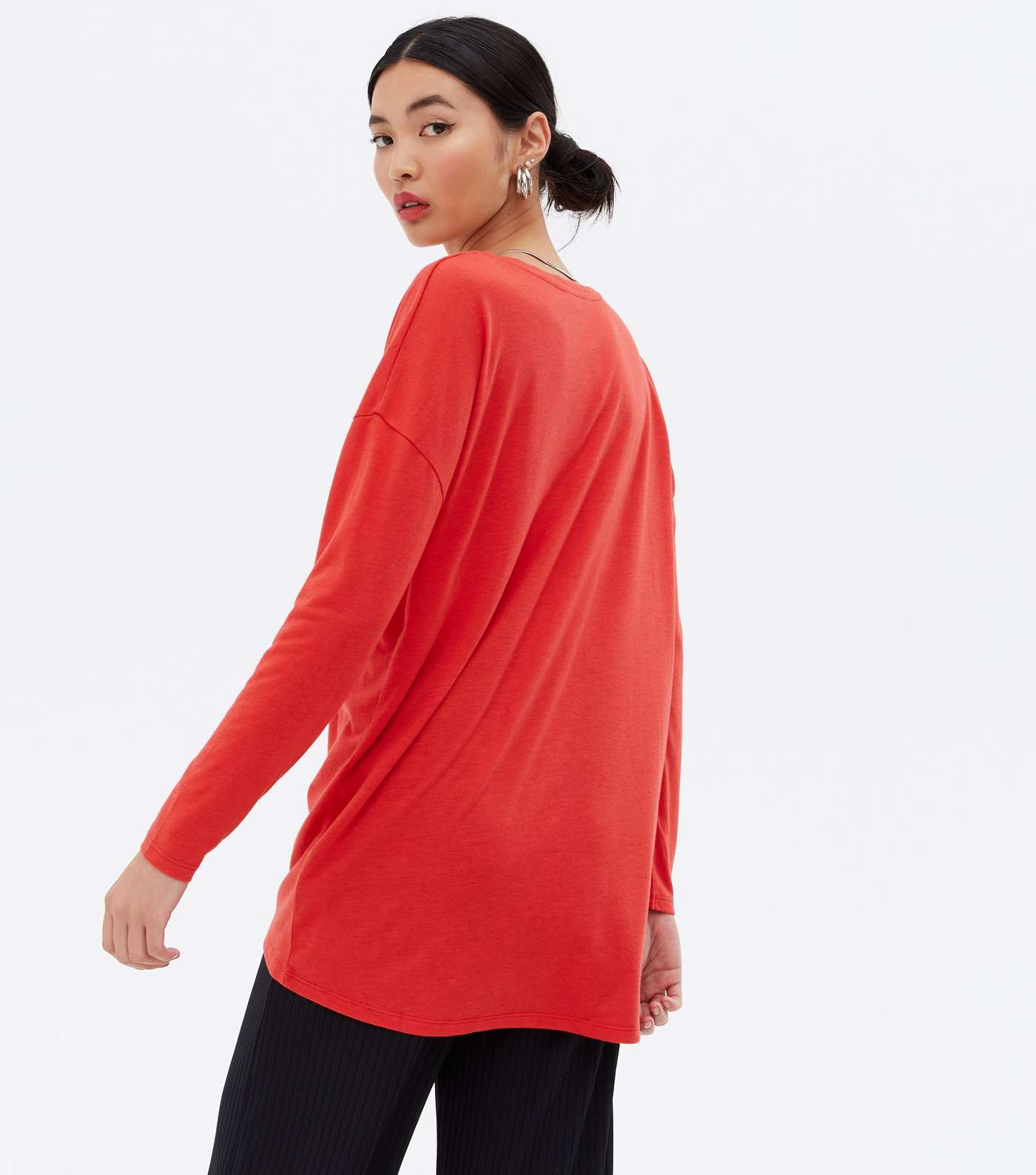 Red V Neck Relaxed Fit Long Top Image 4