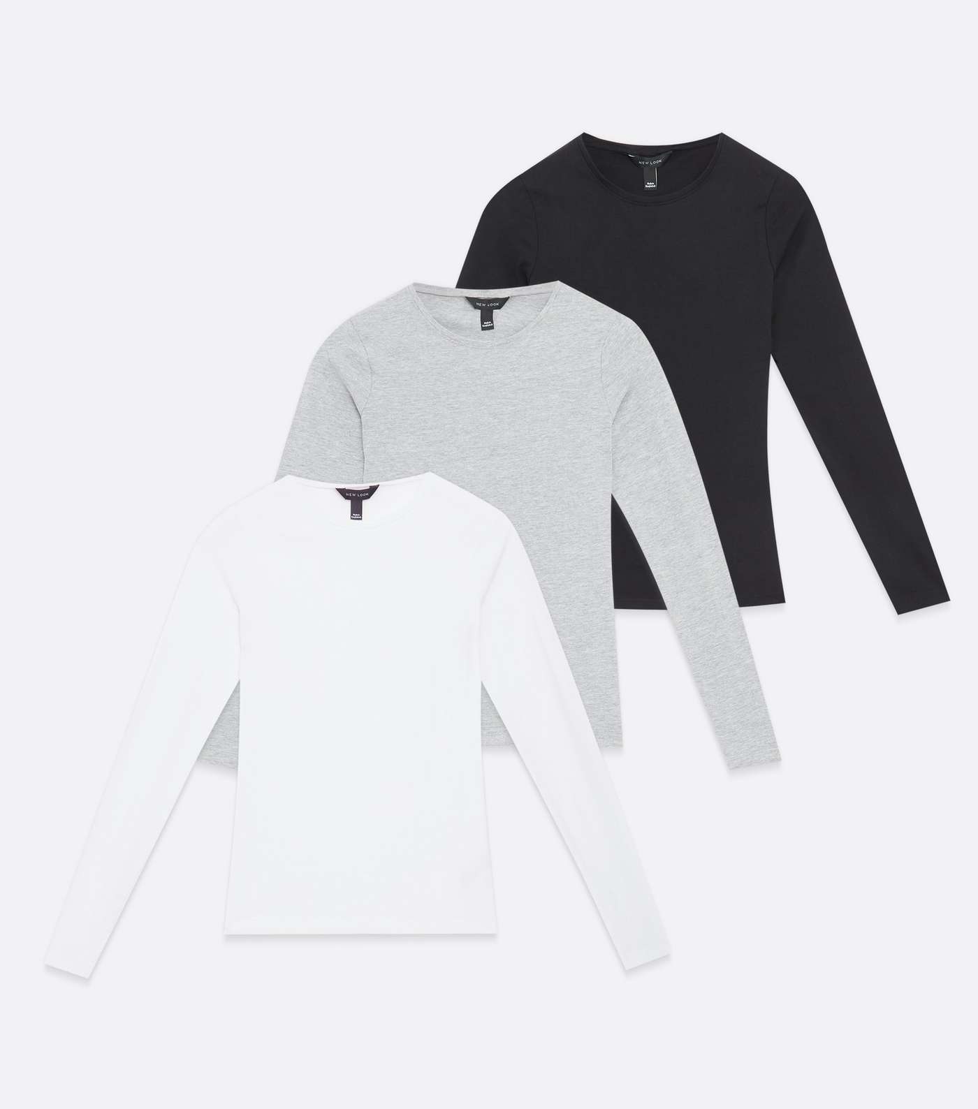 3 Pack Black Grey and White Long Sleeve Crew Tops Image 5