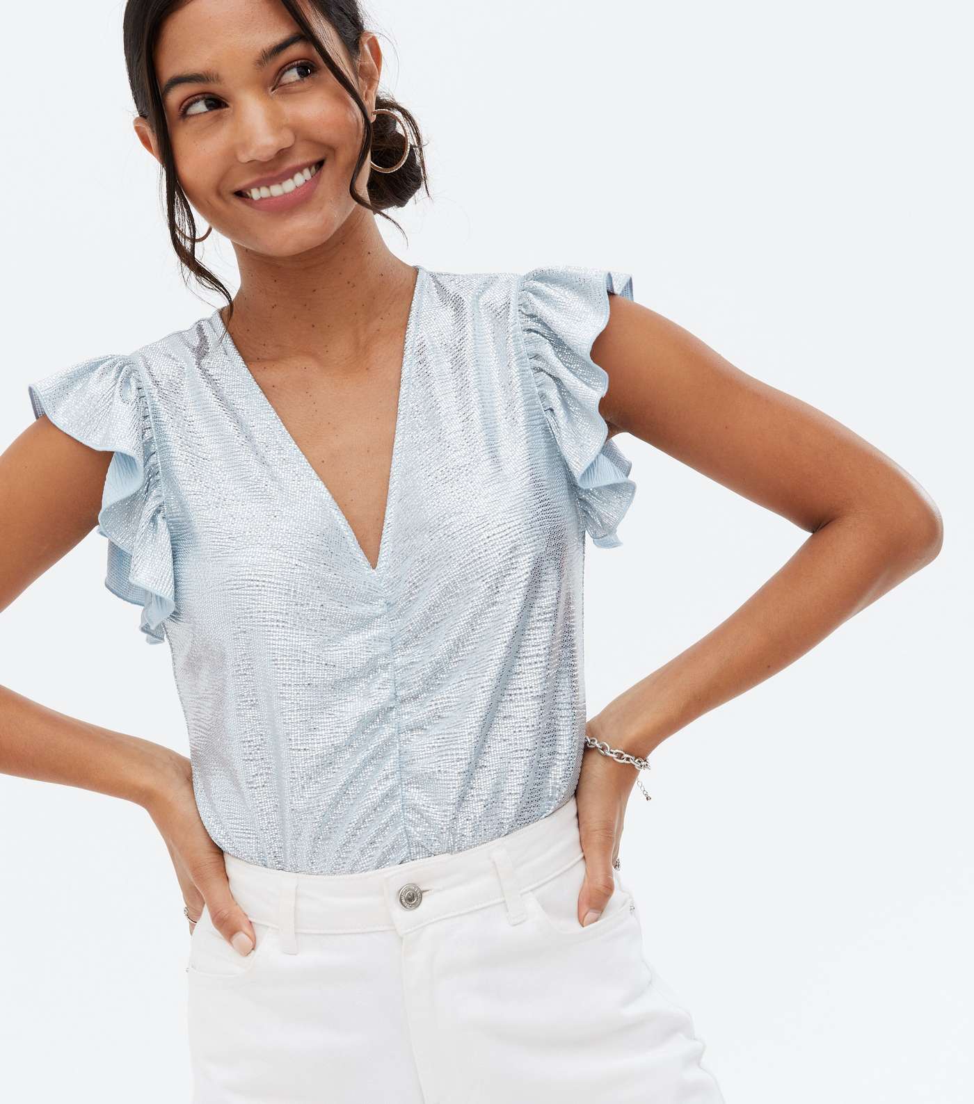 Pale Blue Metallic Ruched Frill Sleeve Top
