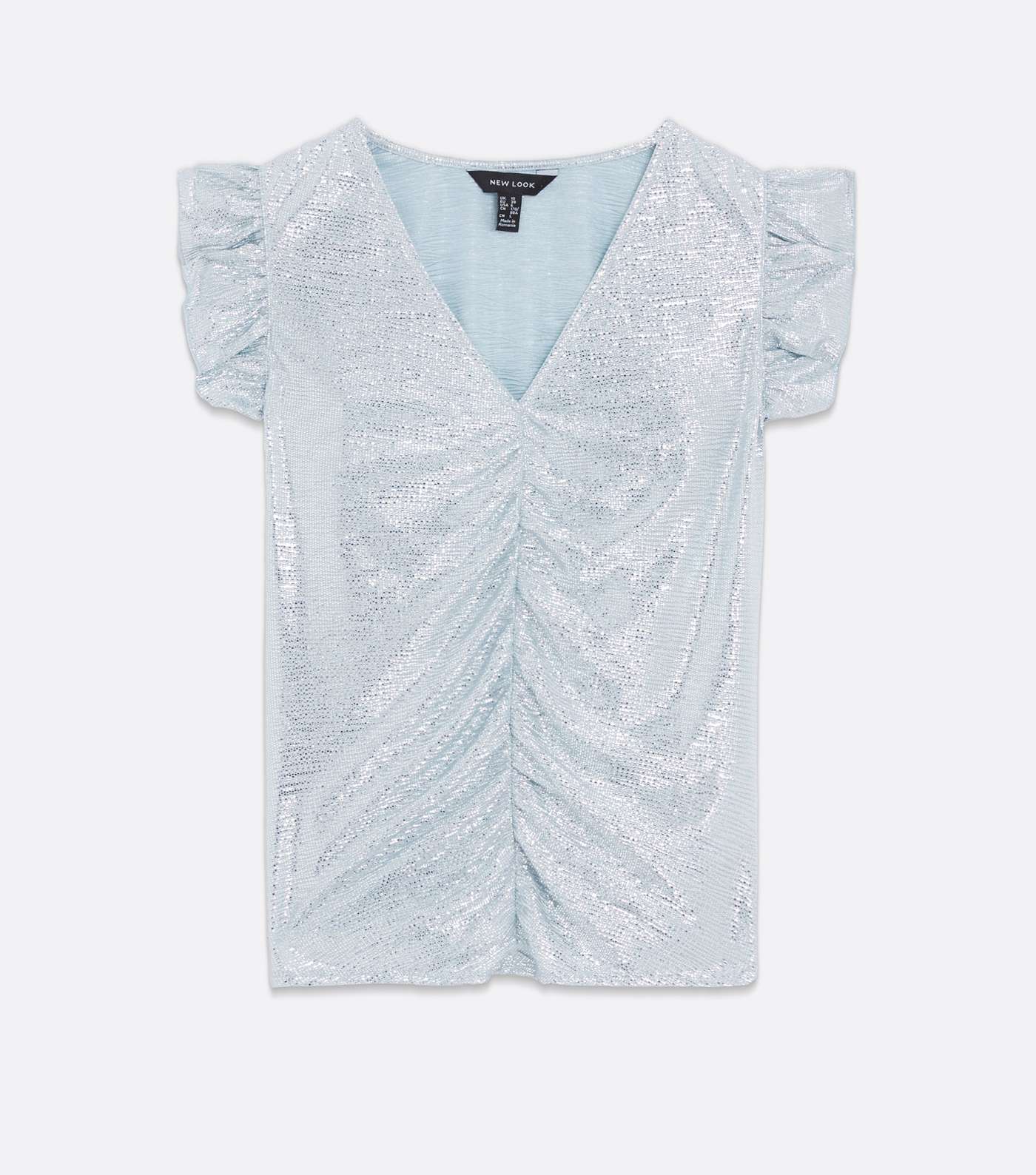 Pale Blue Metallic Ruched Frill Sleeve Top Image 5