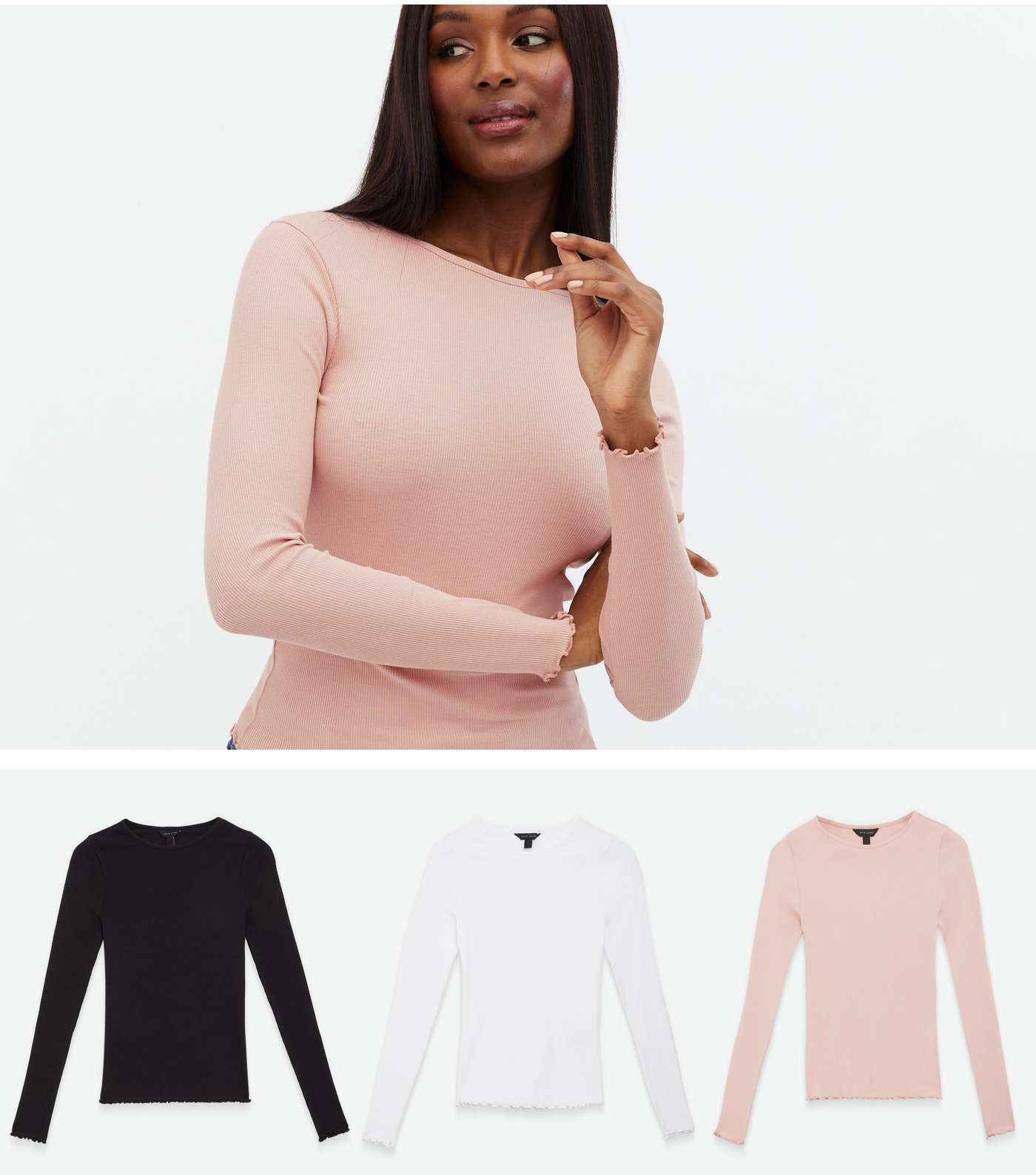 3 Pack Pink Black and White Frill Long Sleeve Tops
