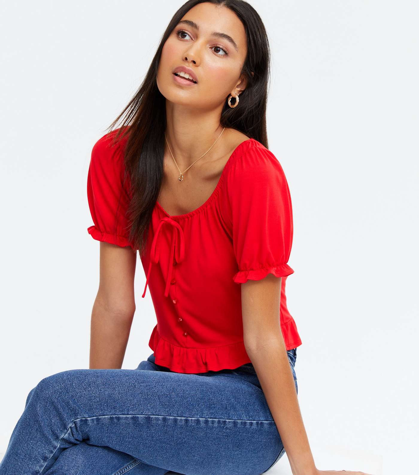 Red Tie Button Front Frill Blouse