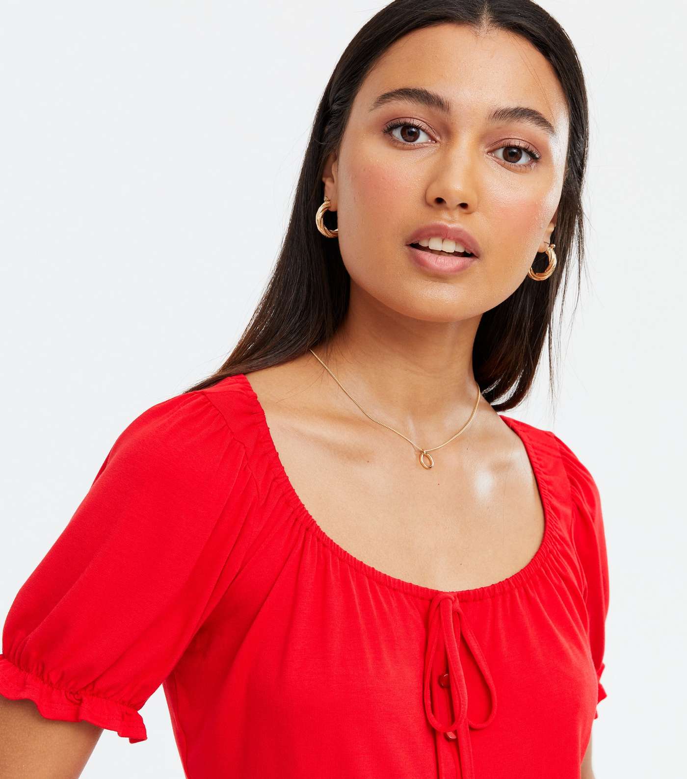 Red Tie Button Front Frill Blouse Image 3