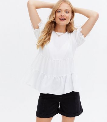 White Puff Sleeve Tiered Peplum T-Shirt 
