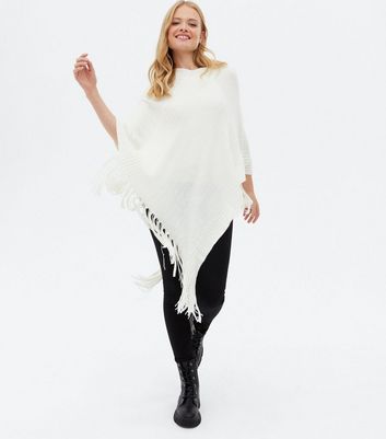 Blue Vanilla Off White Cable Knit Tassel Cape New Look