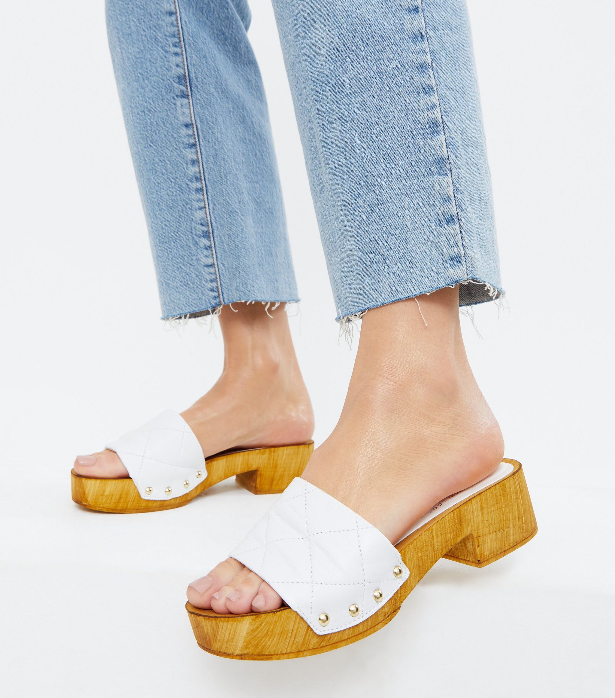 White Leather Quilted Clogs New Look