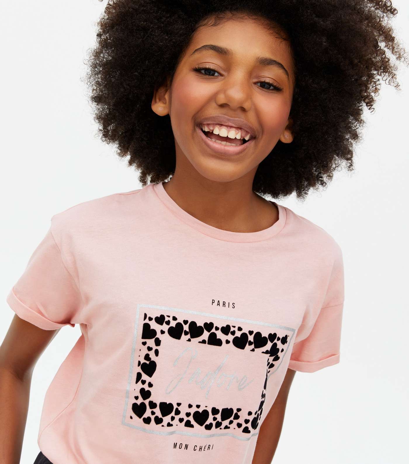 Girls Pale Pink Heart Flocked Box Metallic Logo T-Shirt Image 3