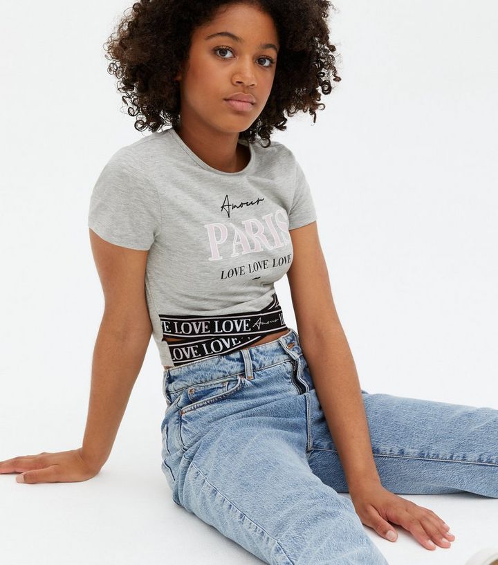 Girls Grey Paris Logo Cross Tape T-Shirt | New Look