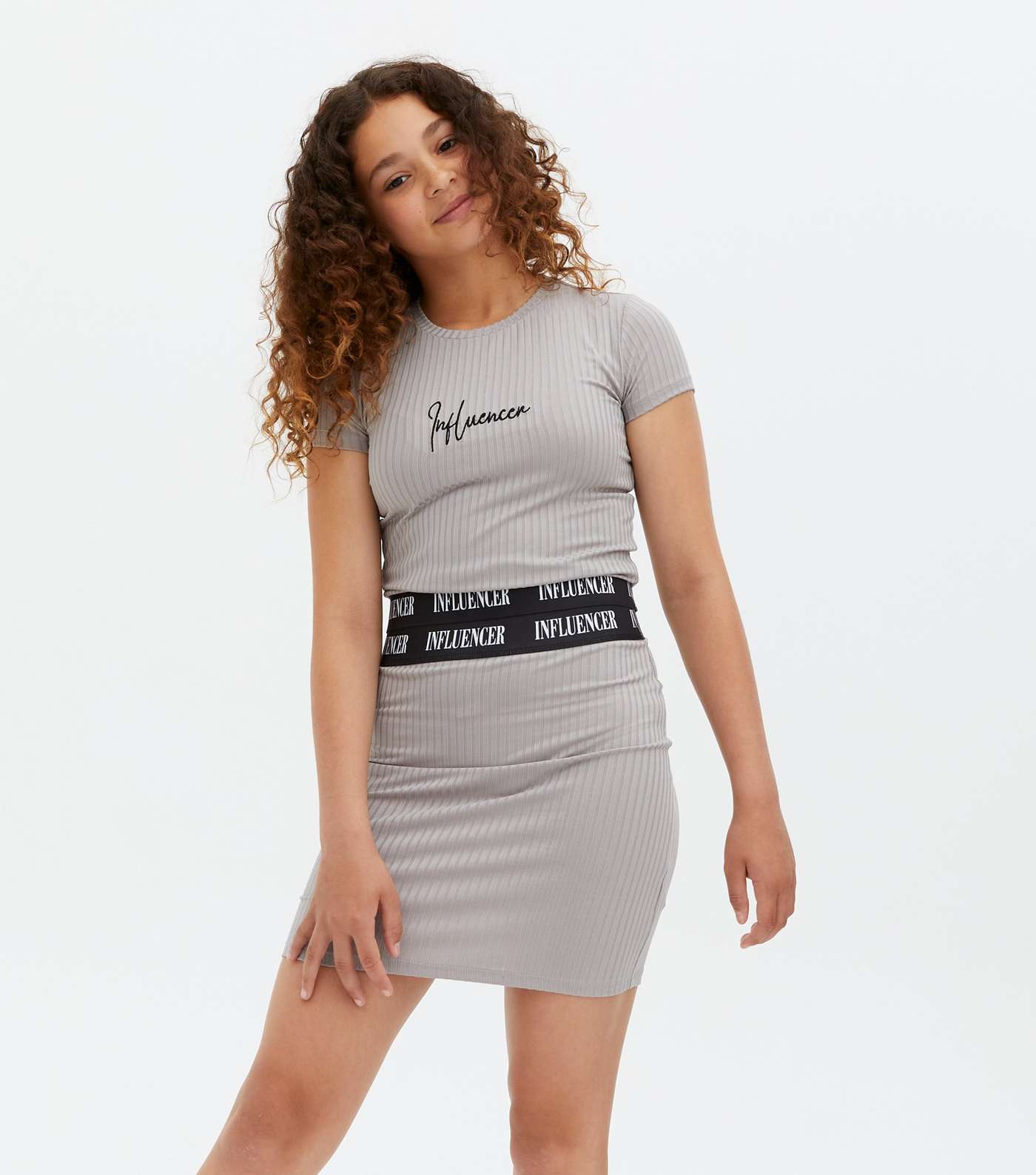Girls Pale Grey Influencer Logo T-Shirt and Tube Skirt Set