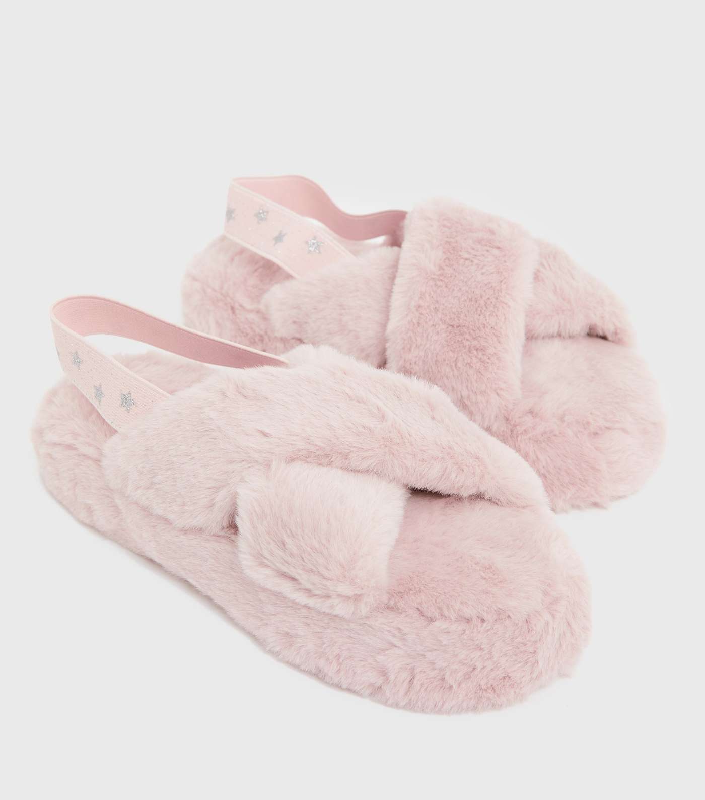Girls Pink Star Faux Fur Chunky Slider Slippers Image 3
