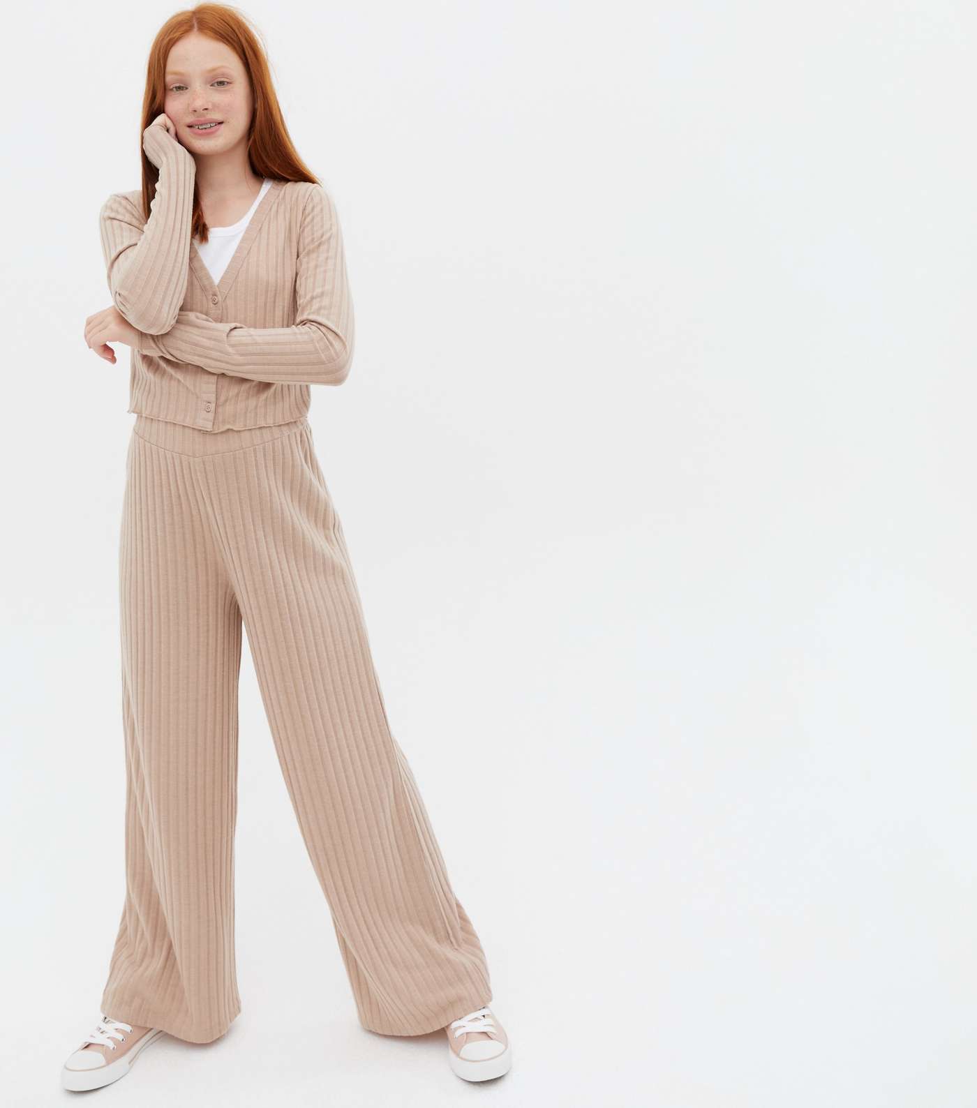 Girls Camel Ribbed Fine Knit Wide Leg Trousers