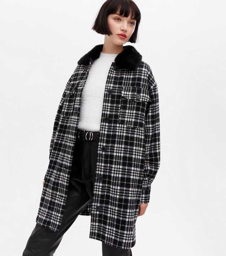 Black Check Faux Fur Collar Shacket