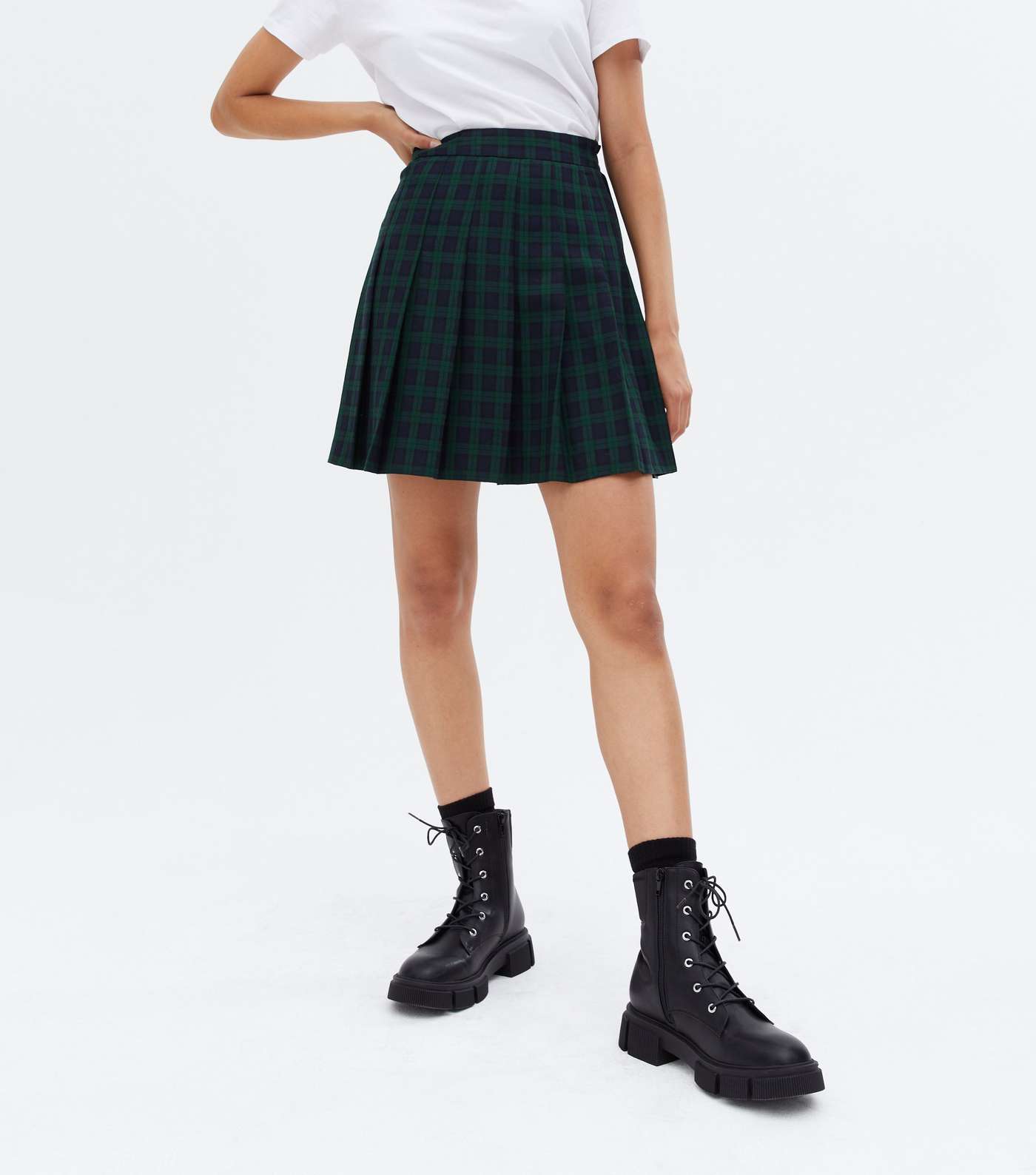 Dark Green Check Pleated Mini Tennis Skirt Image 2