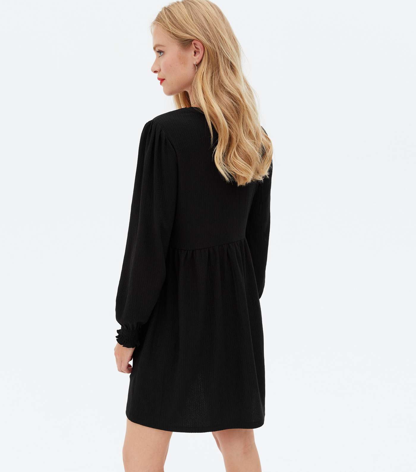Black Crinkle Jersey Long Sleeve Mini Oversized Smock Dress Image 4