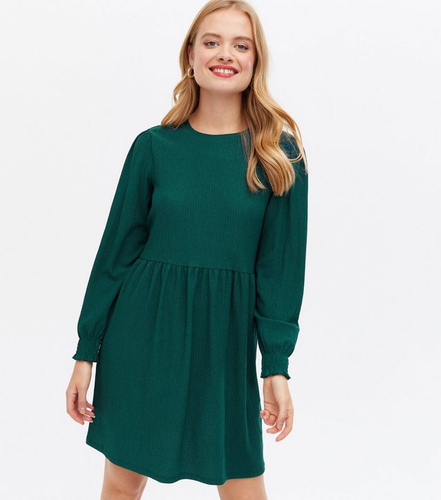 Dark Green Crinkle Jersey Long Sleeve Mini Oversized Smock Dress | New Look