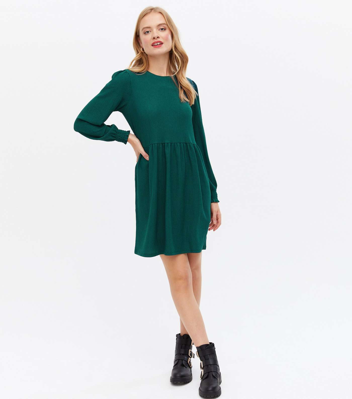 Dark Green Crinkle Jersey Long Sleeve Mini Oversized Smock Dress Image 2