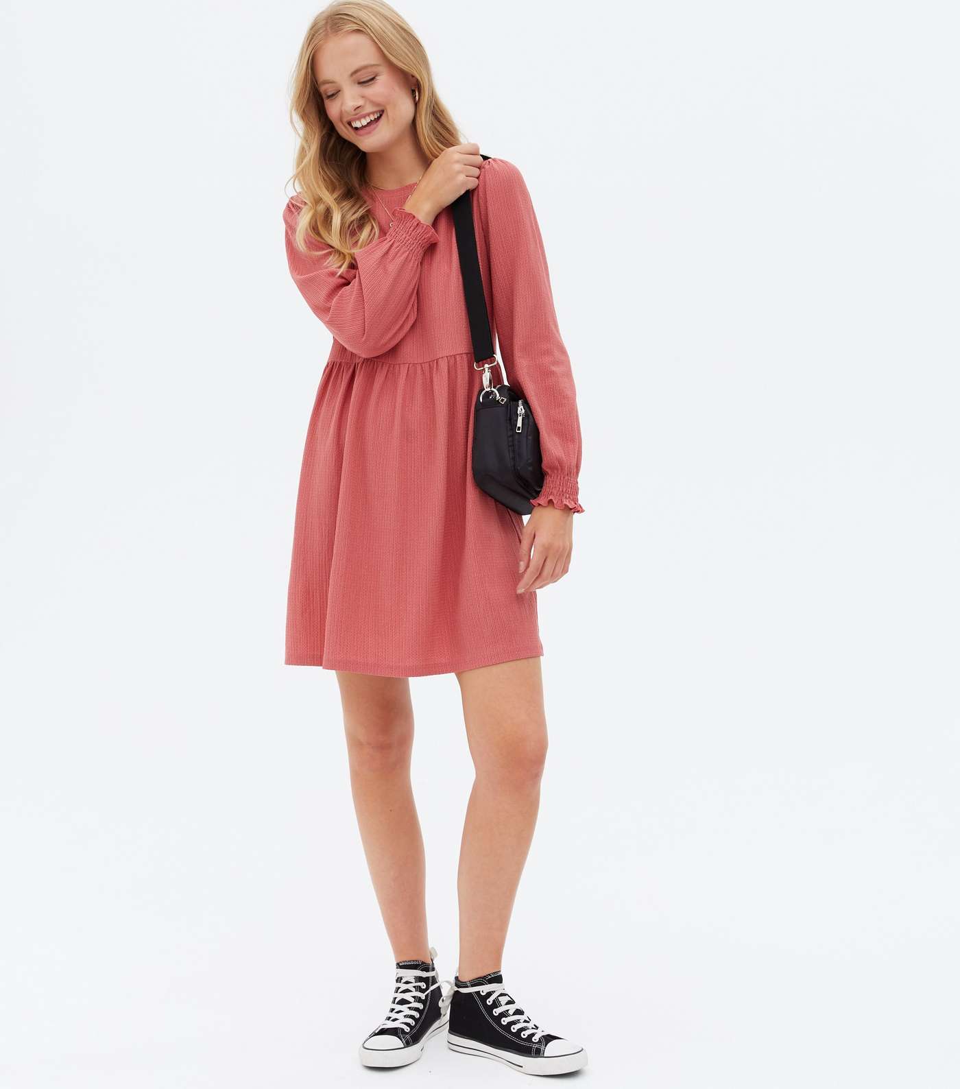 Mid Pink Crinkle Jersey Long Sleeve Mini Oversized Smock Dress Image 2