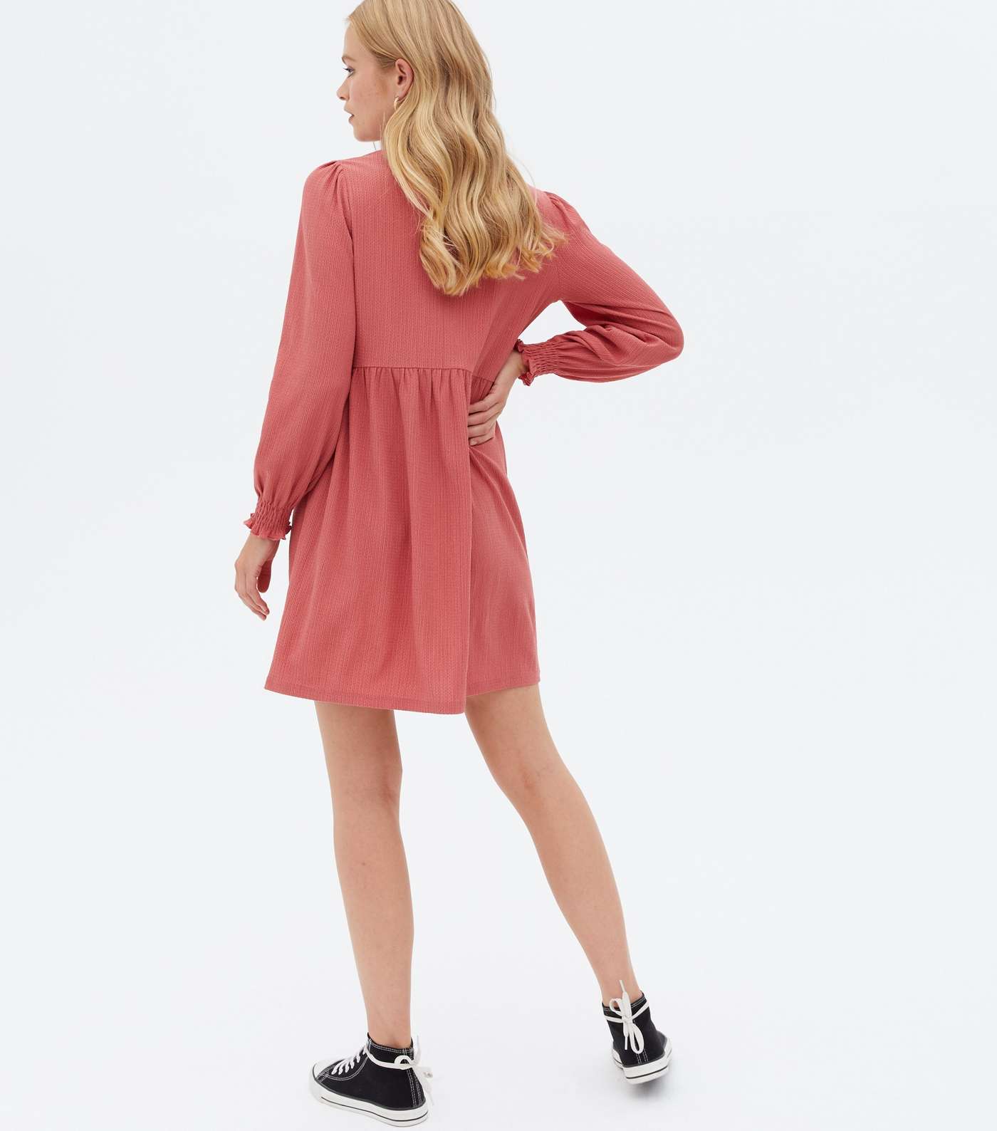 Mid Pink Crinkle Jersey Long Sleeve Mini Oversized Smock Dress Image 4