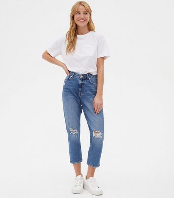 Petite Blue Ripped High Waist Tori Mom 