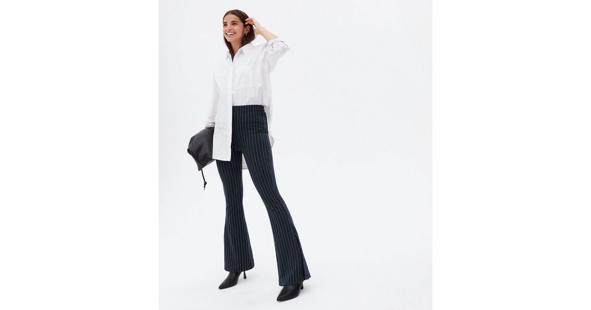 Navy Stripe Jersey Side Split Flared Trousers