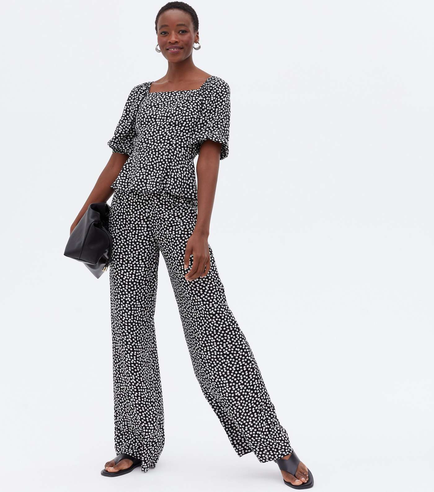 Tall Black Ditsy Floral Wide Leg Trousers
