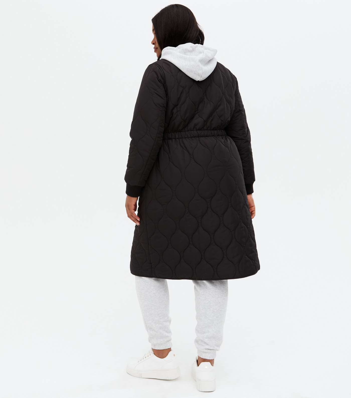 Curves Black Quilted Long Ruched Bomber Jacket Image 4